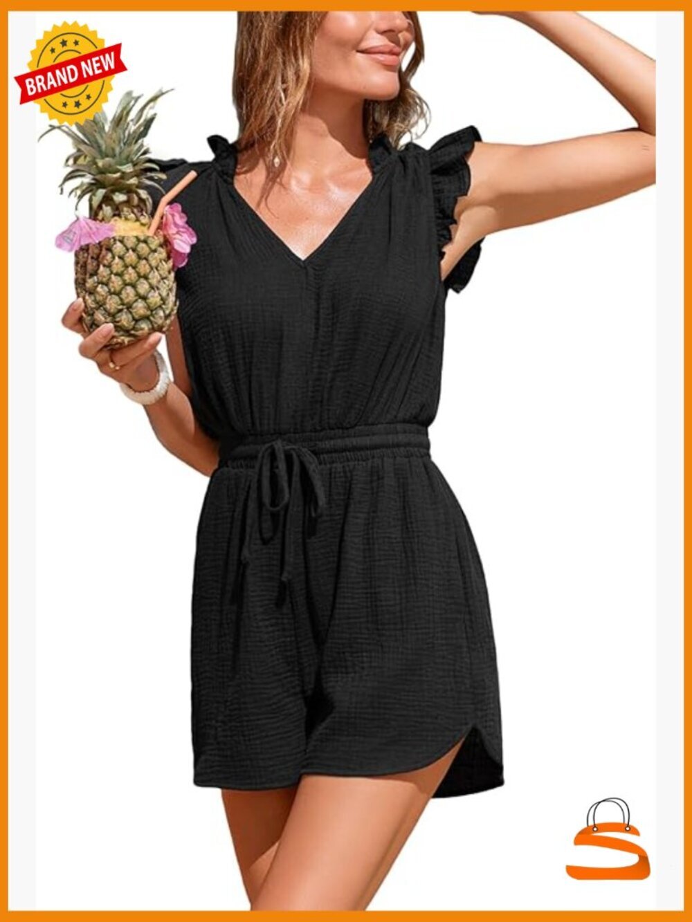 Women's 100% Cotton V Neck Ruffle Sleeve Wide Leg Smocked Waist Jumpsuit Romper